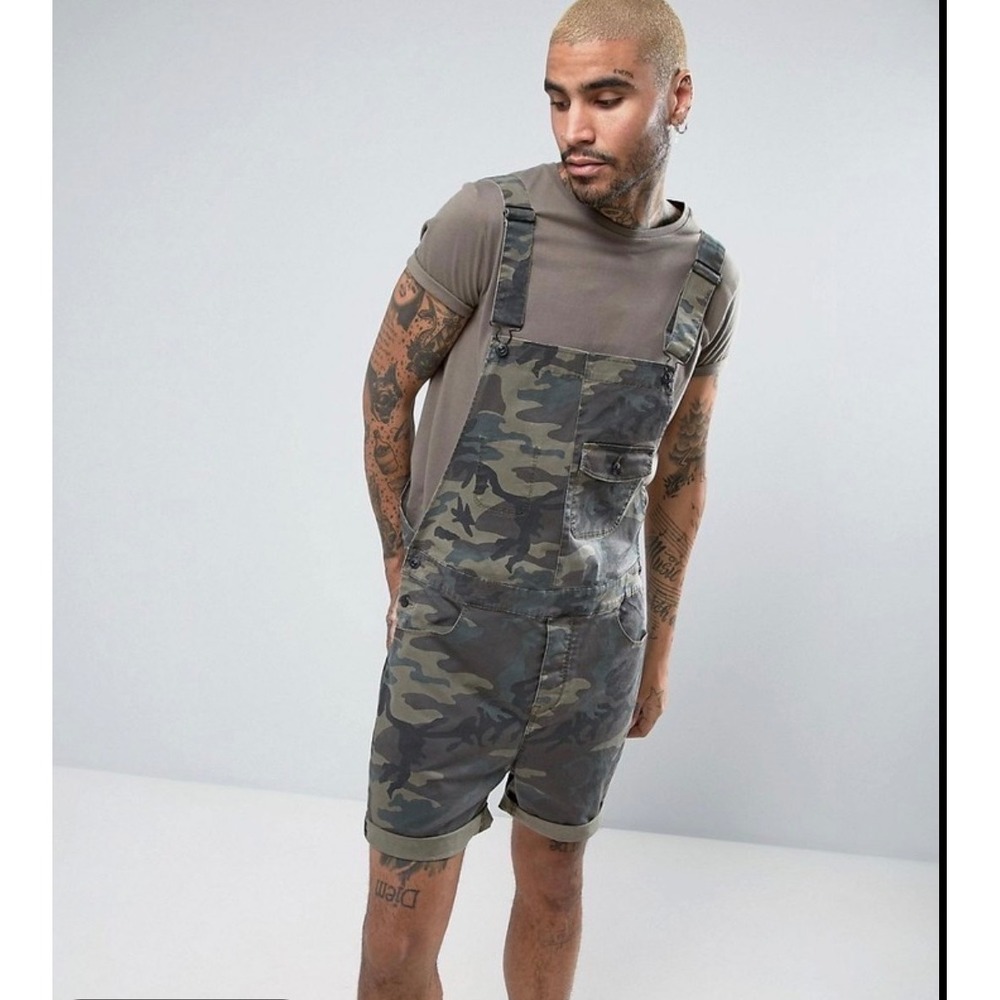 ASOS unisex Camo Print Short Dungarees Overalls Green Camouflage W38 XXL